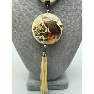 Vintage Cloisonné Peacock Pendant Tassel Necklace Cord 27" Retro Statement Boho